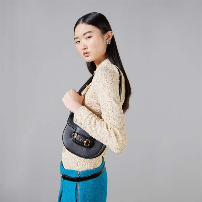 G*u*i gg women G*u*i horsebit 1955 mini rounded bag black leather cotton linen lining