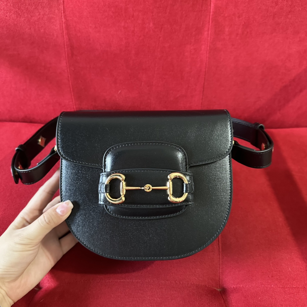 G*u*i gg women G*u*i horsebit 1955 mini rounded bag black leather cotton linen lining