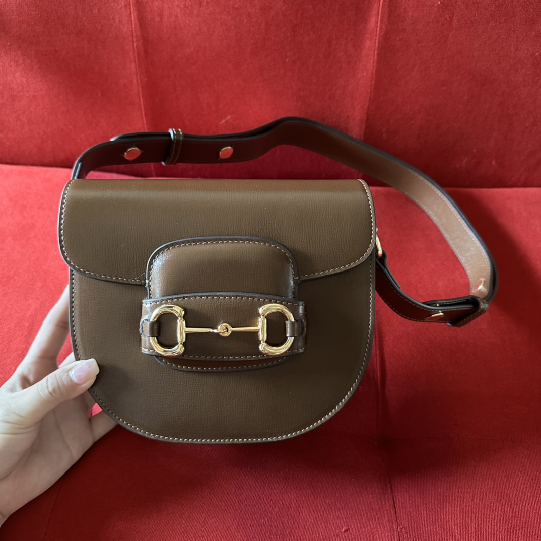 G*u*i gg women G*u*i horsebit 1955 mini rounded bag brown leather cotton linen lining