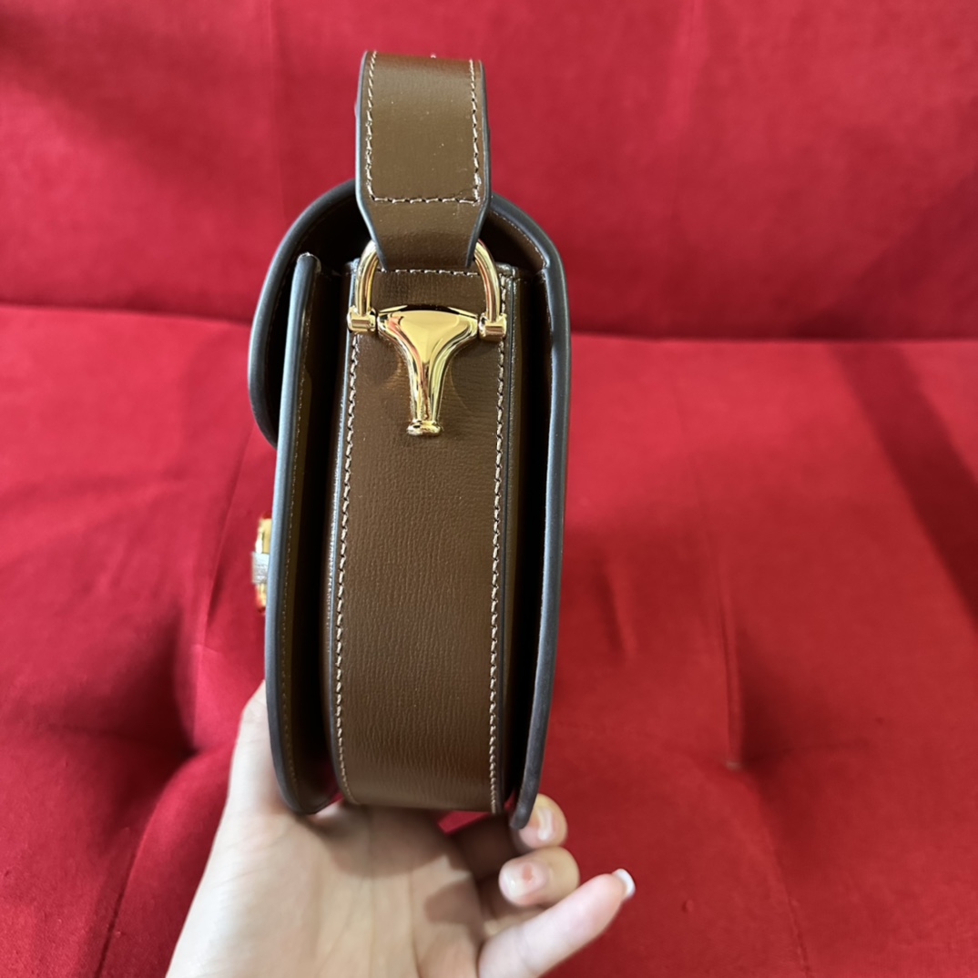 G*u*i gg women G*u*i horsebit 1955 mini rounded bag brown leather cotton linen lining