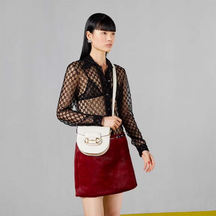 G*u*i gg women G*u*i horsebit 1955 mini rounded bag white leather cotton linen lining