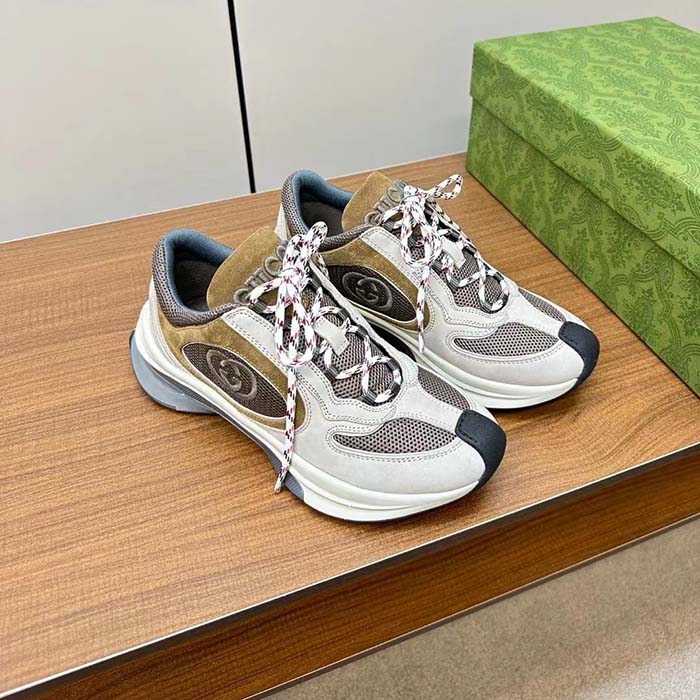 G*u*i unisex run sneaker light grey suede interlocking g bi-color rubbe low heel