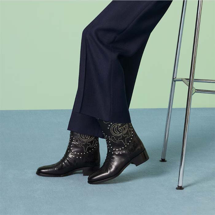 G*u*i women gg boot double g embroidery studs black leather low 3.6 cm heel