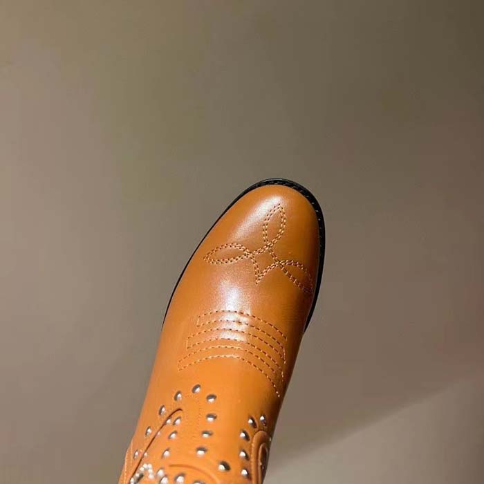 G*u*i women gg boot double g embroidery studs brown leather low 3.6 cm heel