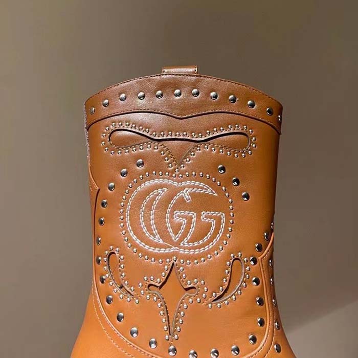 G*u*i women gg boot double g embroidery studs brown leather low 3.6 cm heel