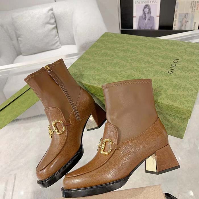 G*u*i women gg boots horsebit brown smooth leather stretch leather mid 5.3 cm heel