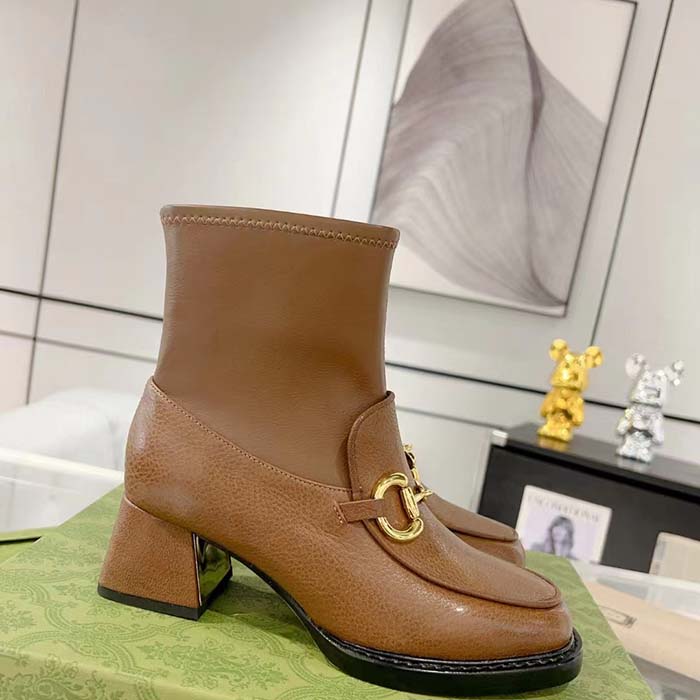G*u*i women gg boots horsebit brown smooth leather stretch leather mid 5.3 cm heel