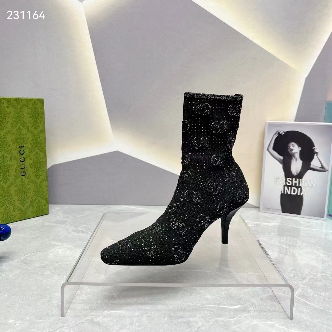G*u*i women gg knit ankle boots black grey technical knit fabric square toe leather mid-heel
