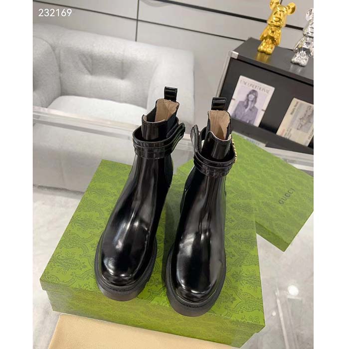 G*u*i women gg mid-heel boot logo black shiny leather heel loop pull lug rubber