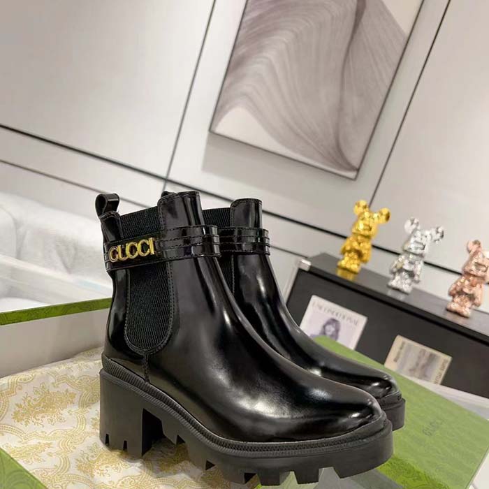 G*u*i women gg mid-heel boot logo black shiny leather heel loop pull lug rubber
