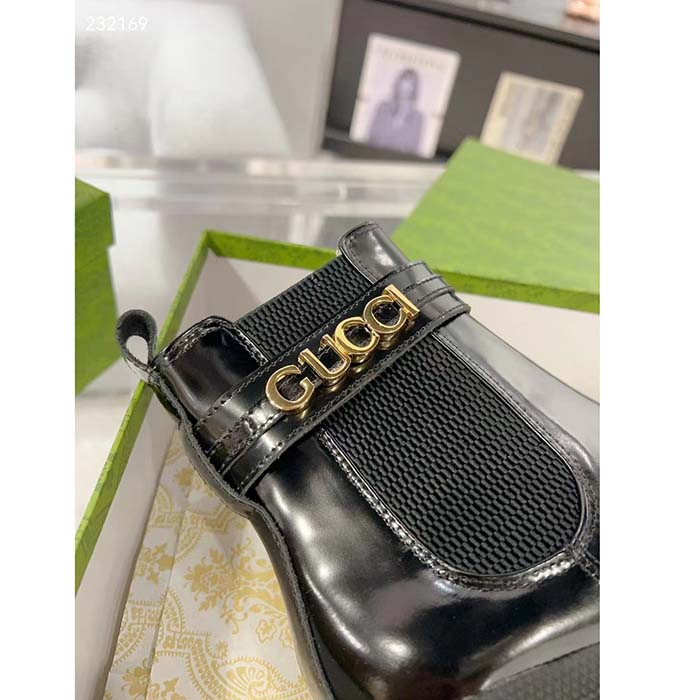 G*u*i women gg mid-heel boot logo black shiny leather heel loop pull lug rubber