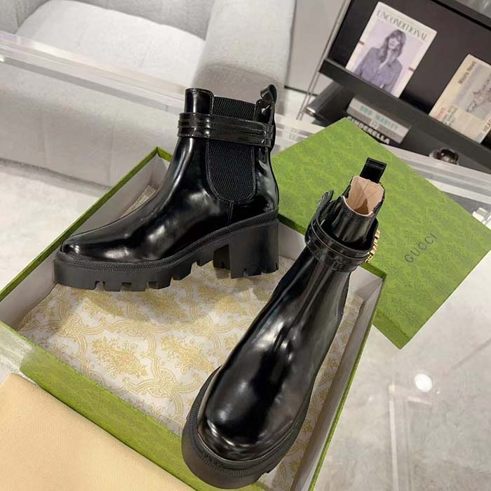 G*u*i women gg mid-heel boot logo black shiny leather heel loop pull lug rubber