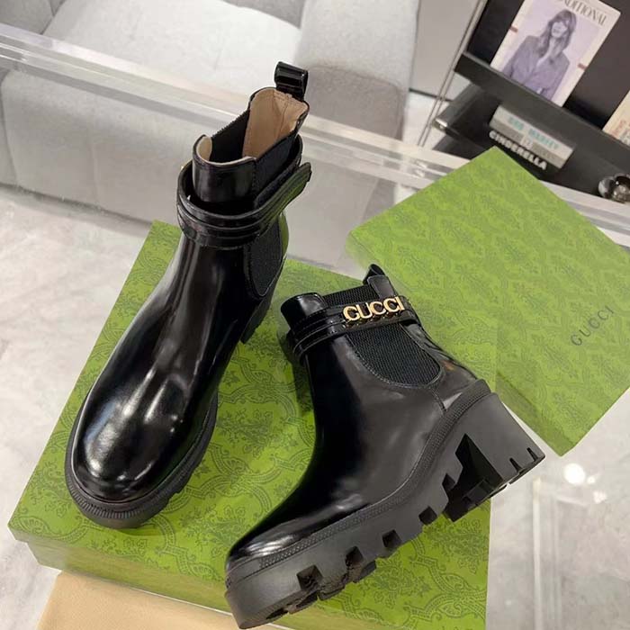 G*u*i women gg mid-heel boot logo black shiny leather heel loop pull lug rubber