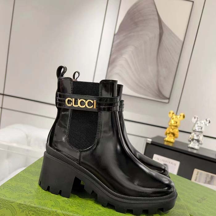 G*u*i women gg mid-heel boot logo black shiny leather heel loop pull lug rubber