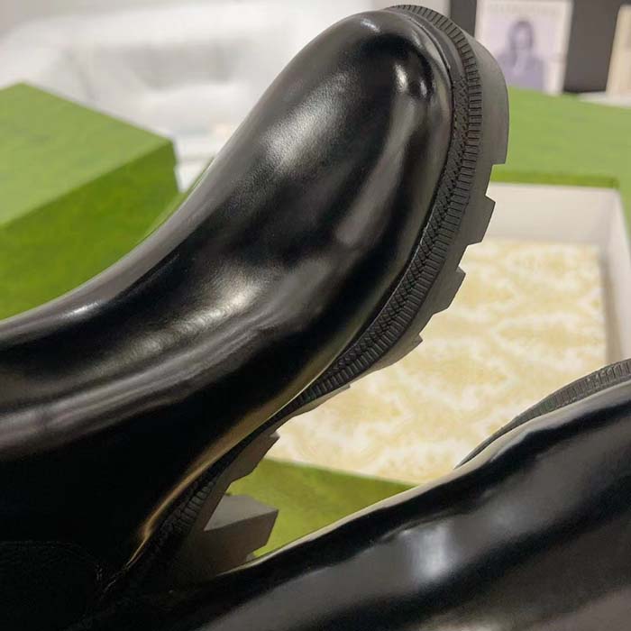 G*u*i women gg mid-heel boot logo black shiny leather heel loop pull lug rubber