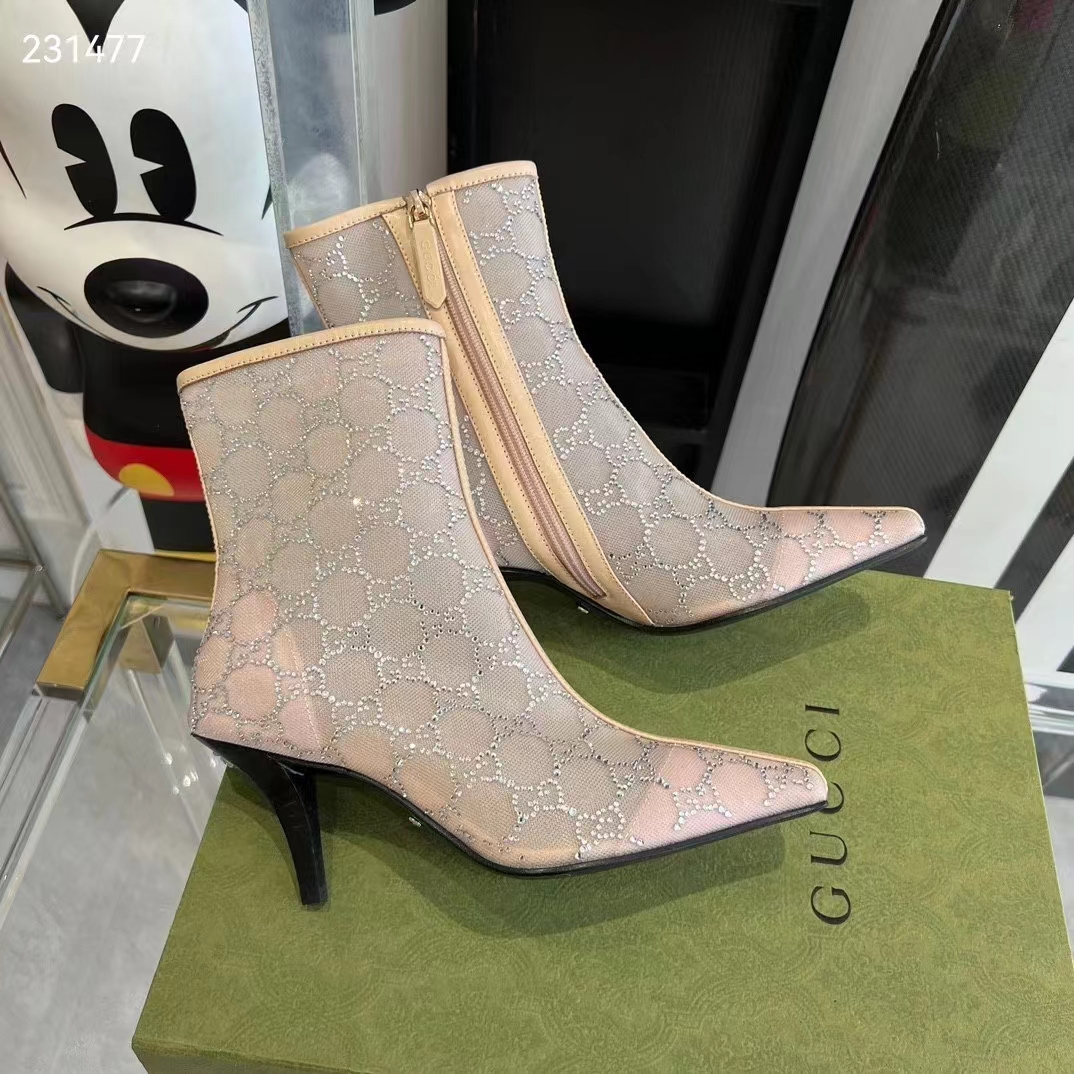 G*u*i women gg mid-heel boot rose beige gg crystal mesh leather sole pointed toe
