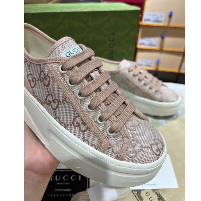 G*u*i women gg sneaker pink original canvas rubber interlocking g lace-up flat