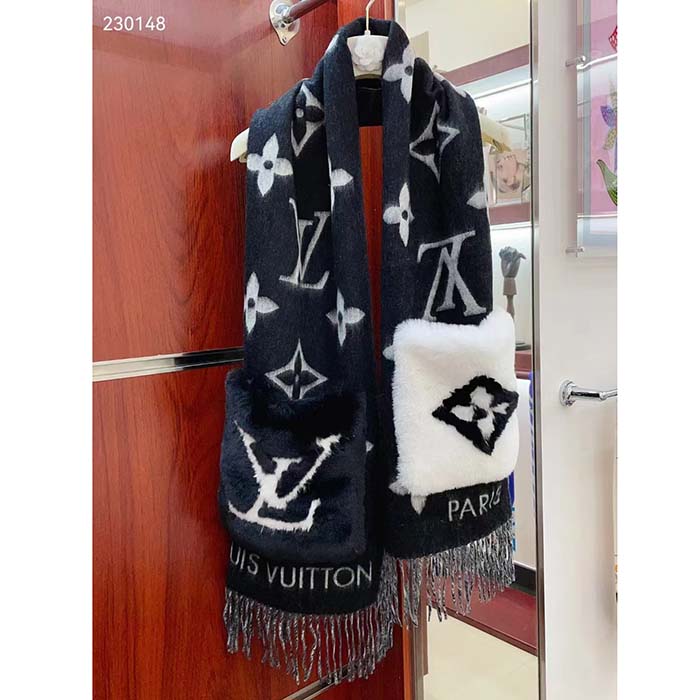 Louis Vuitton Unisex Cold Reykjavik Scarf Cashmere Mink Fur Black Jacquard LV Initials Monogram Flowers