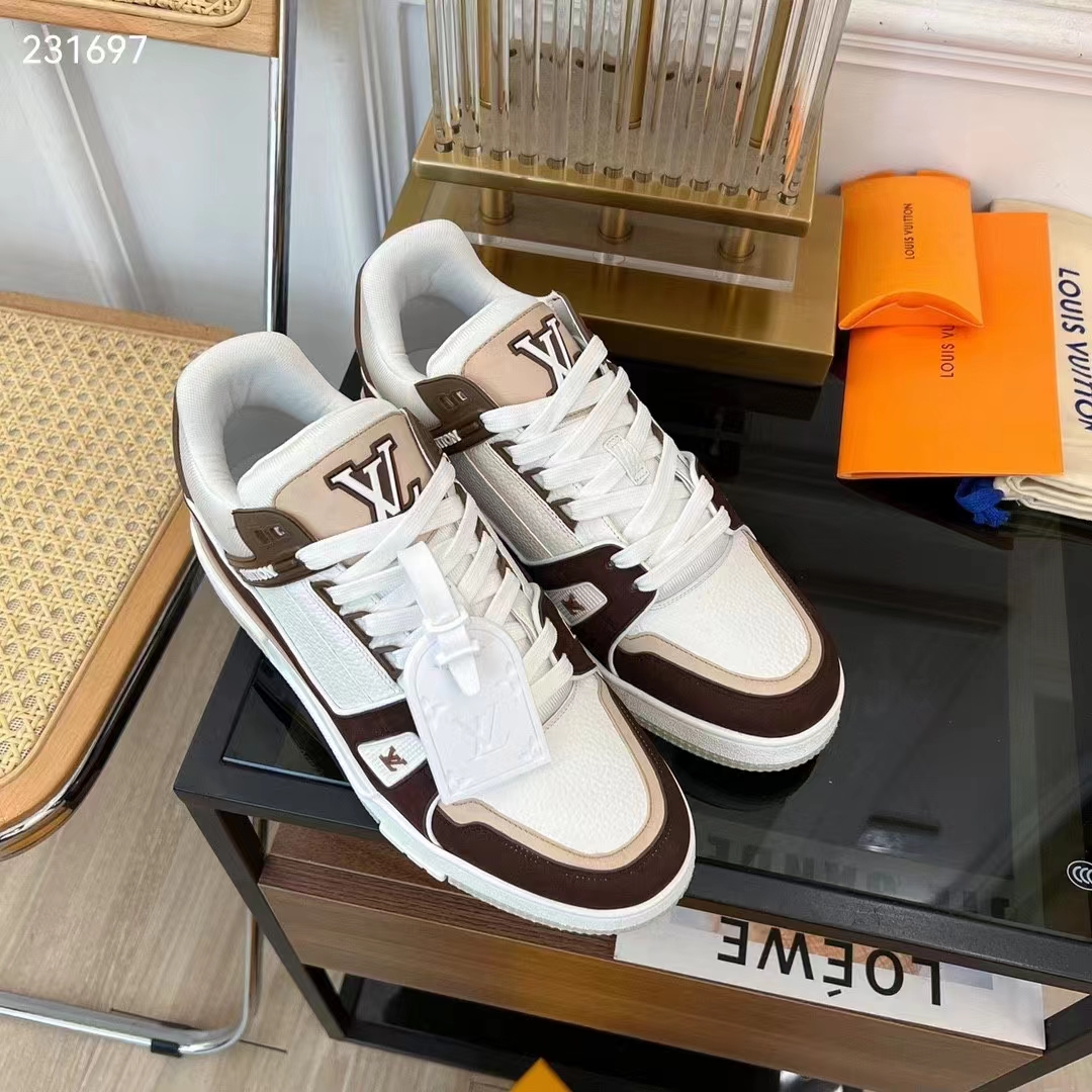 Louis Vuitton Unisex LV Trainer Sneaker Moka Brown Nubuck Calf Leather Grained Calf Leather