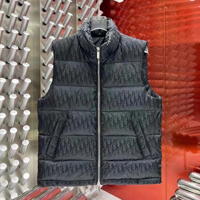 Dior Men CD Dior Oblique Sleeveless Down Jacket Gray Technical Jacquard