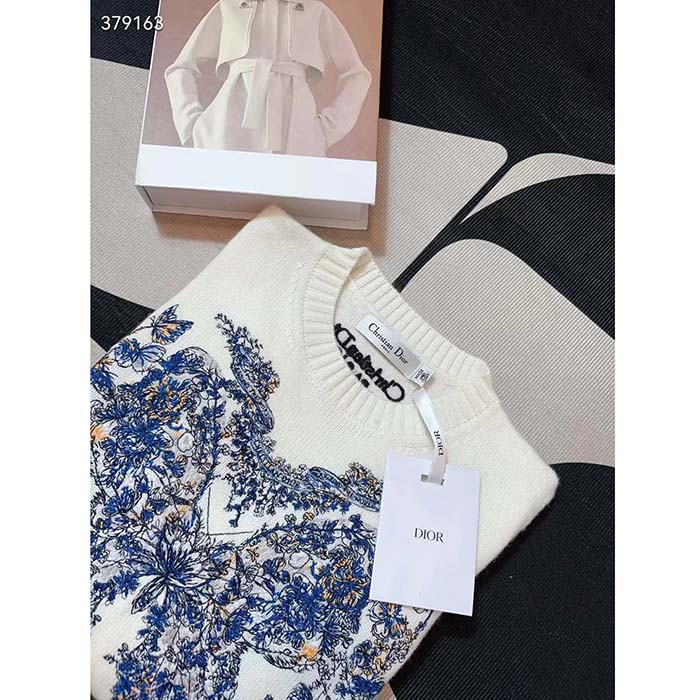 Dior Women CD Embroidered Sweater Ecru Cashmere Knit Pastel Midnight Blue Butterfly Around The World