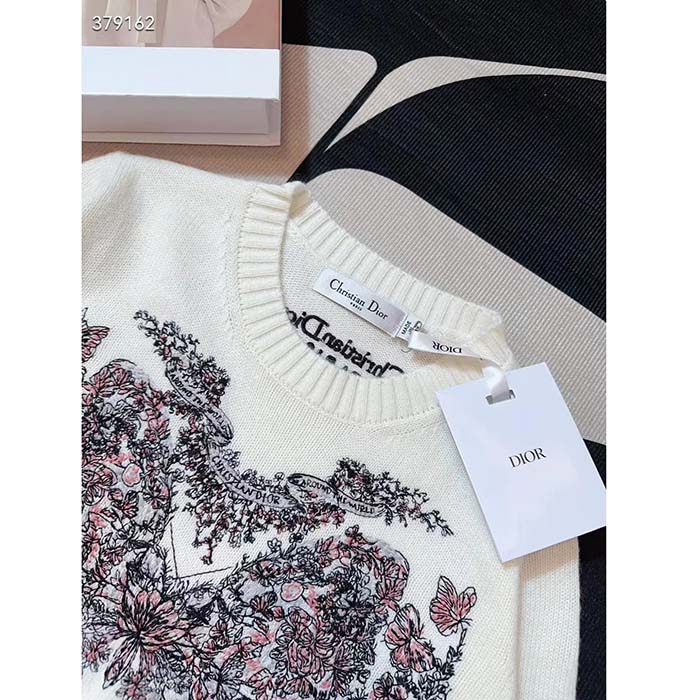 Dior Men CD Embroidered Sweater Ecru Cashmere Knit Pastel Pink Butterfly Around The World Motif