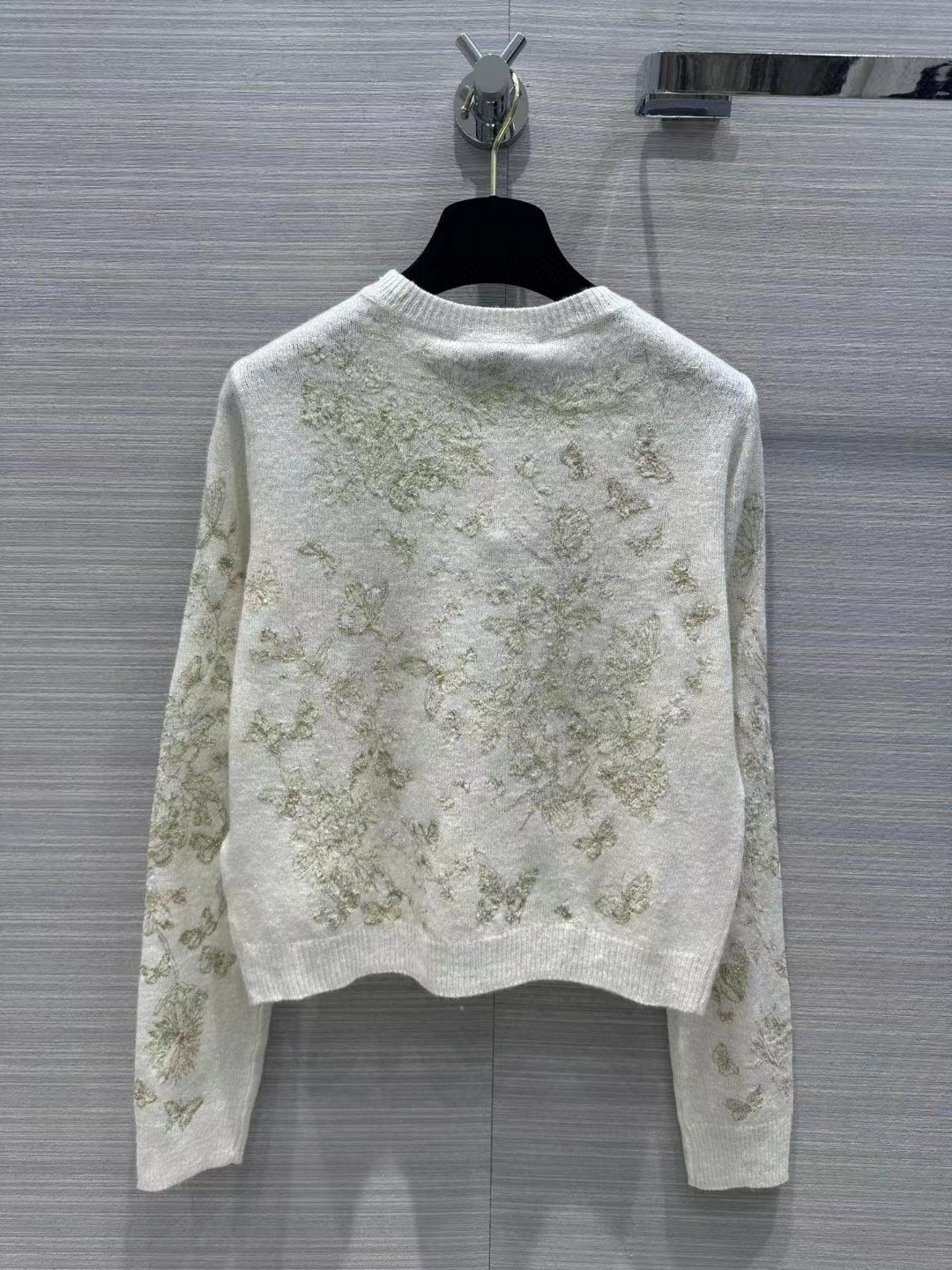 Dior Women CD Embroidered Sweater White Wool Cashmere Knit Gold-Tone Butterflies Motif
