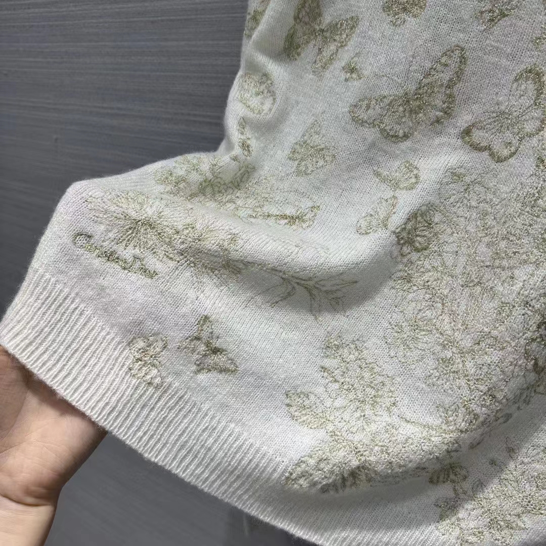 Dior Women CD Embroidered Sweater White Wool Cashmere Knit Gold-Tone Butterflies Motif