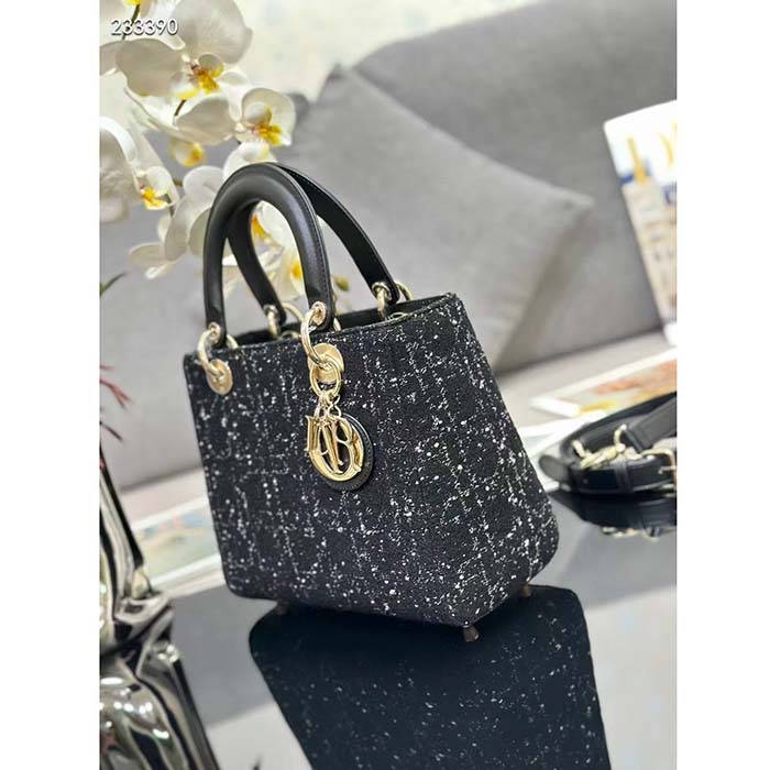 Dior Women CD Medium Lady D-Lite Bag Black Cannage Tweed