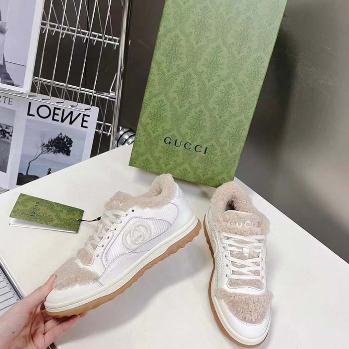 G*u*i gg unisex mac80 sneaker off white leather merino wool round toe rubber flat