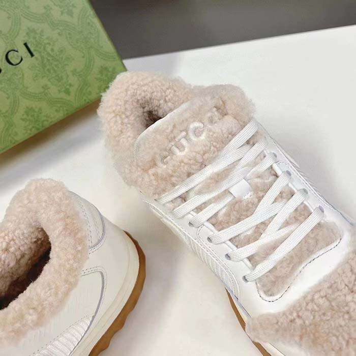 G*u*i gg unisex mac80 sneaker off white leather merino wool round toe rubber flat