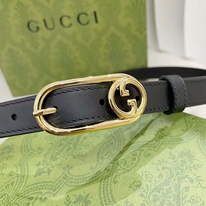 G*u*i gg unisex thin belt mini round interlocking g black leather 1.5 cm width