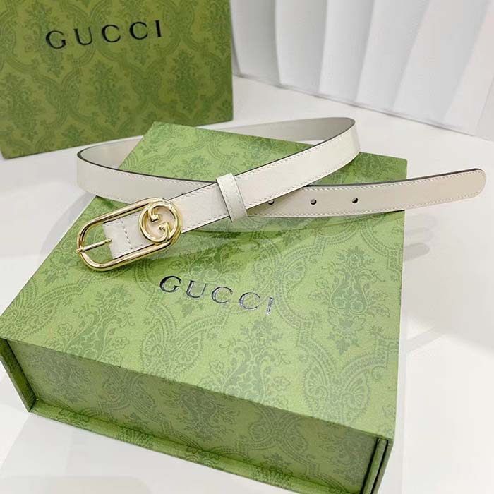 G*u*i gg unisex thin belt mini round interlocking g white leather 1.5 cm width