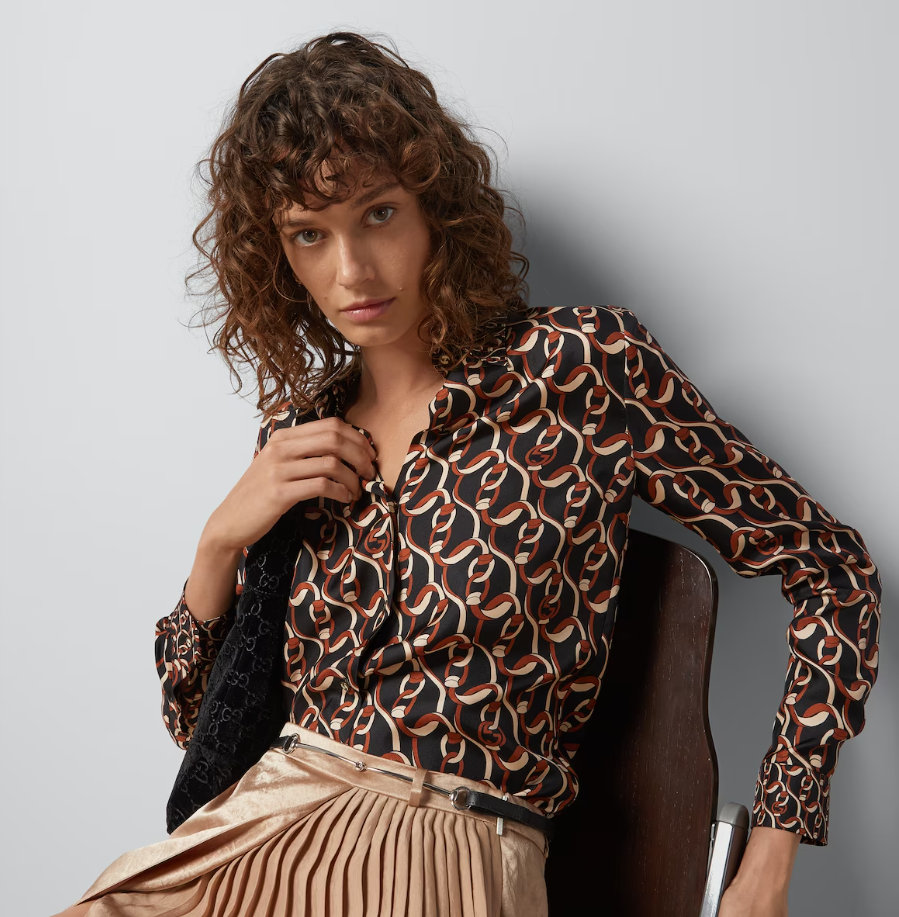 G*u*i gg women interlocking g chain print silk shirt point collar long sleeves