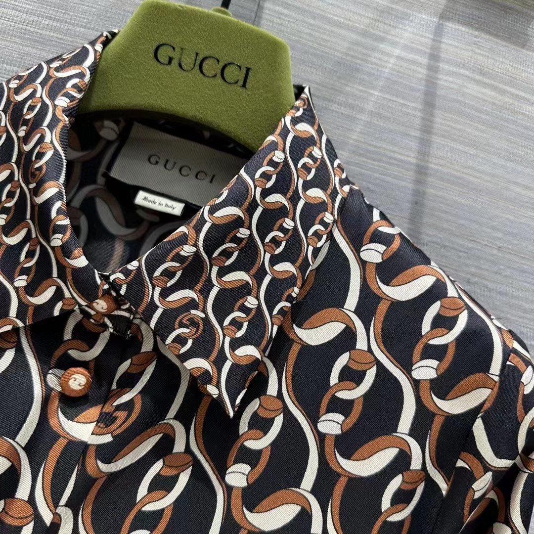 G*u*i gg men interlocking g chain print silk shirt point collar long sleeves