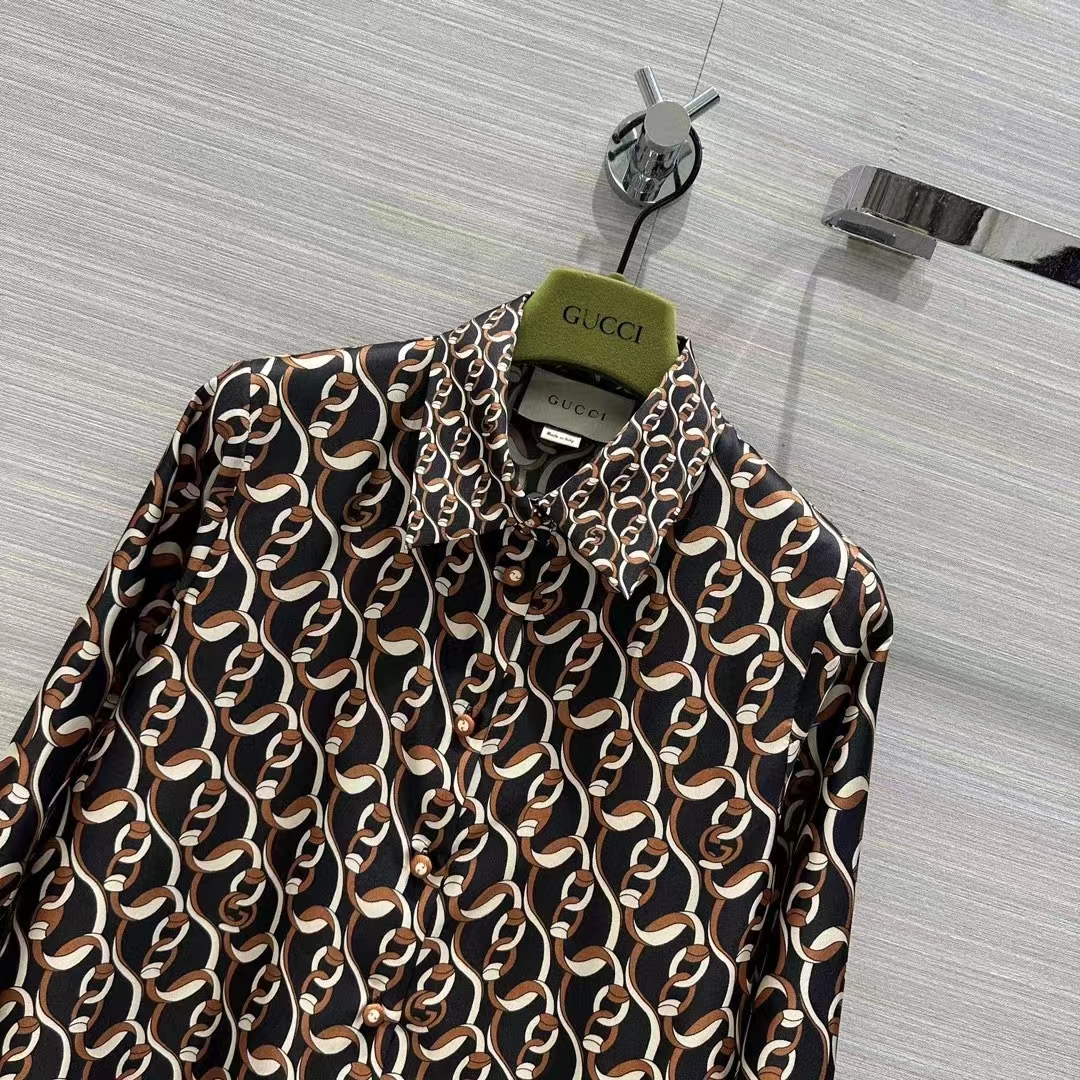 G*u*i gg women interlocking g chain print silk shirt point collar long sleeves
