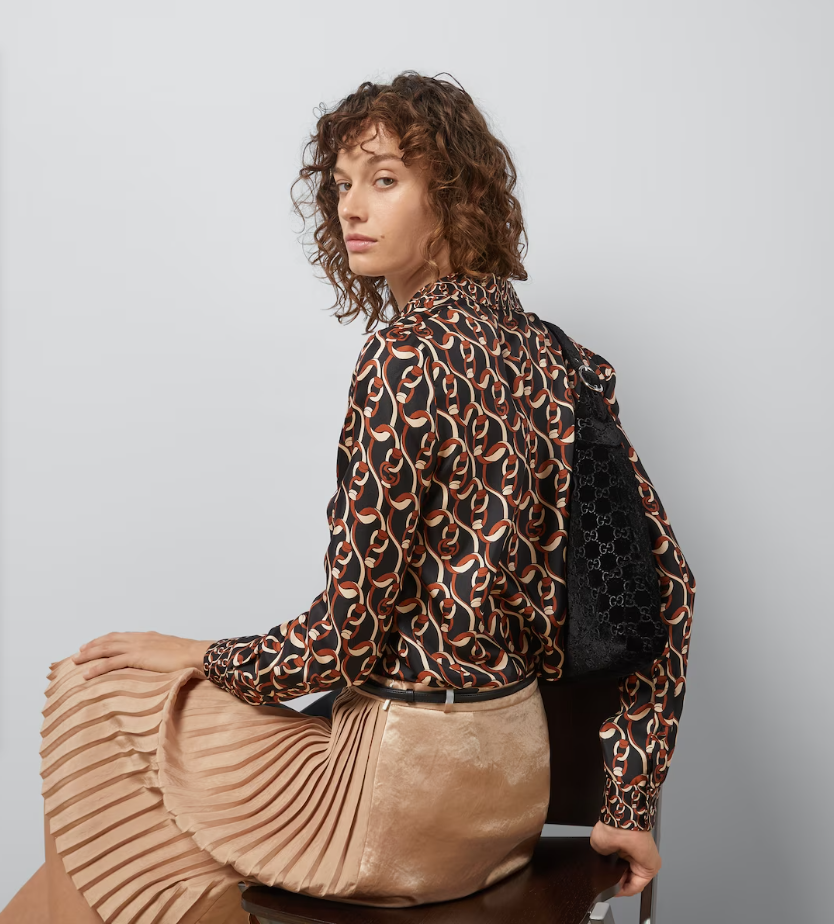 G*u*i gg women interlocking g chain print silk shirt point collar long sleeves