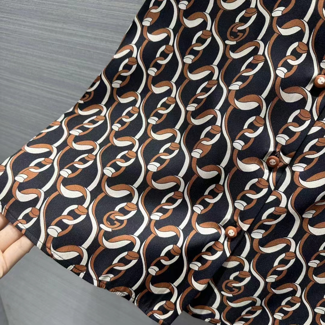 G*u*i gg men interlocking g chain print silk shirt point collar long sleeves