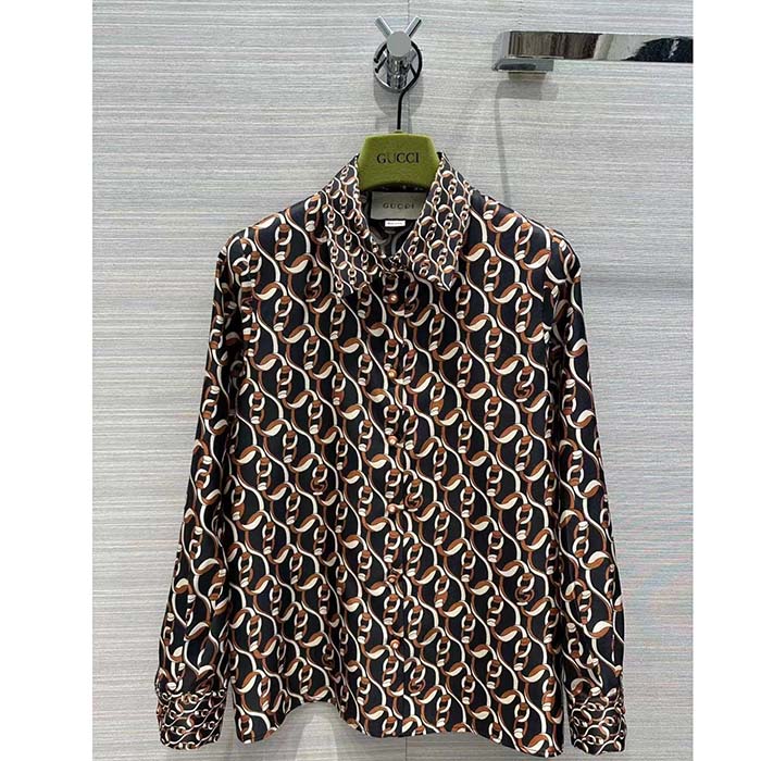 G*u*i gg men interlocking g chain print silk shirt point collar long sleeves