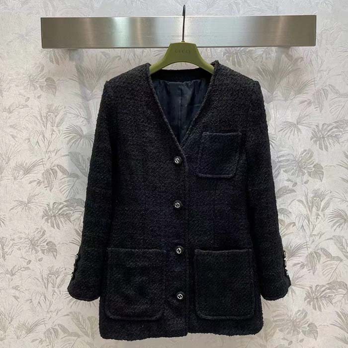 G*u*i gg women tweed mélange jacket black self-covered buttons interlocking g lined v-neck