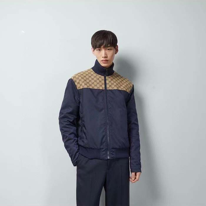 G*u*i men gg nylon canvas zip jacket dark blue interlocking g embroidered high neck