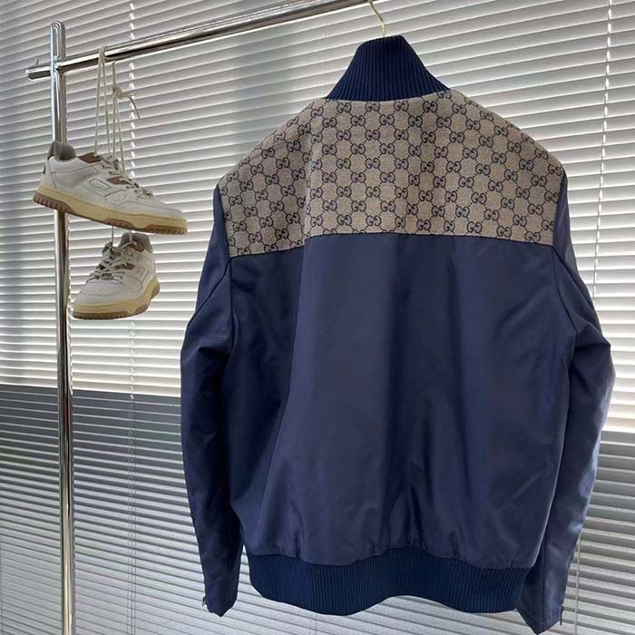 G*u*i men gg nylon canvas zip jacket dark blue interlocking g embroidered high neck