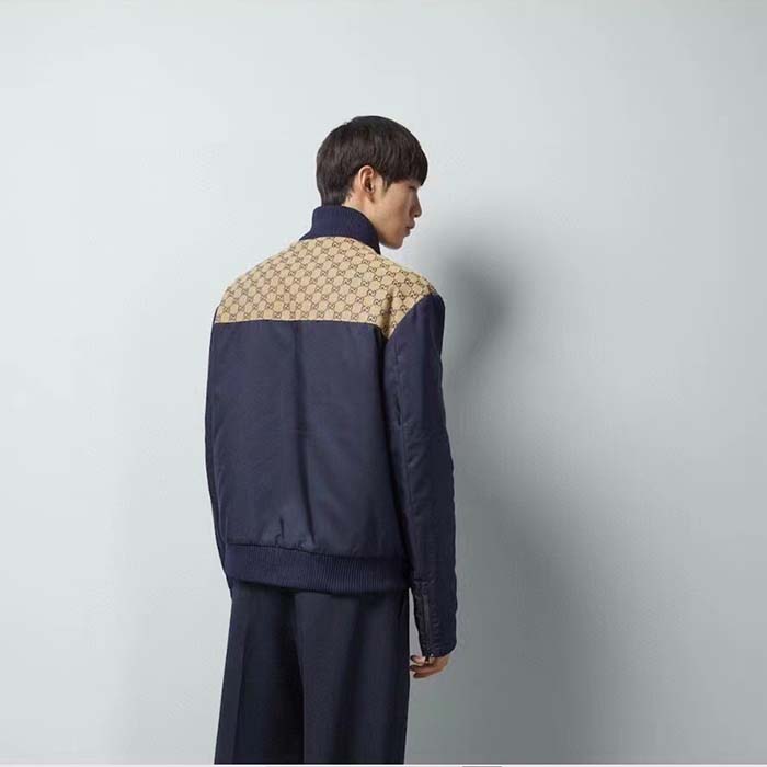 G*u*i men gg nylon canvas zip jacket dark blue interlocking g embroidered high neck
