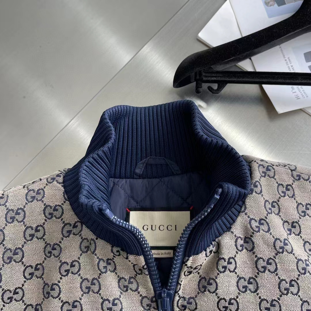 G*u*i men gg nylon canvas zip jacket dark blue interlocking g embroidered high neck