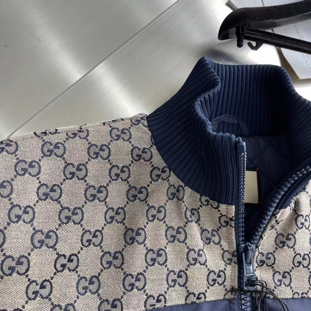 G*u*i men gg nylon canvas zip jacket dark blue interlocking g embroidered high neck