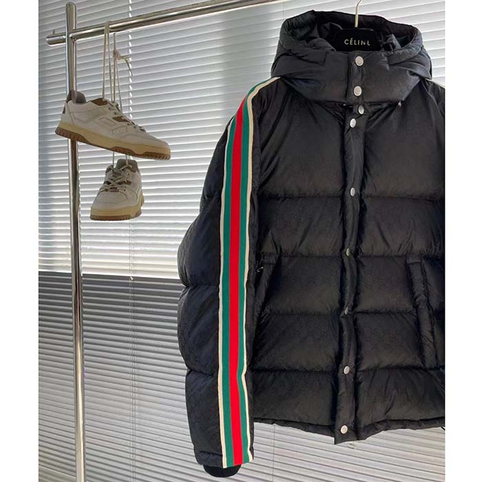 G*u*i women gg nylon jacquard jacket web black stripe lined fixed hood rib cuffs