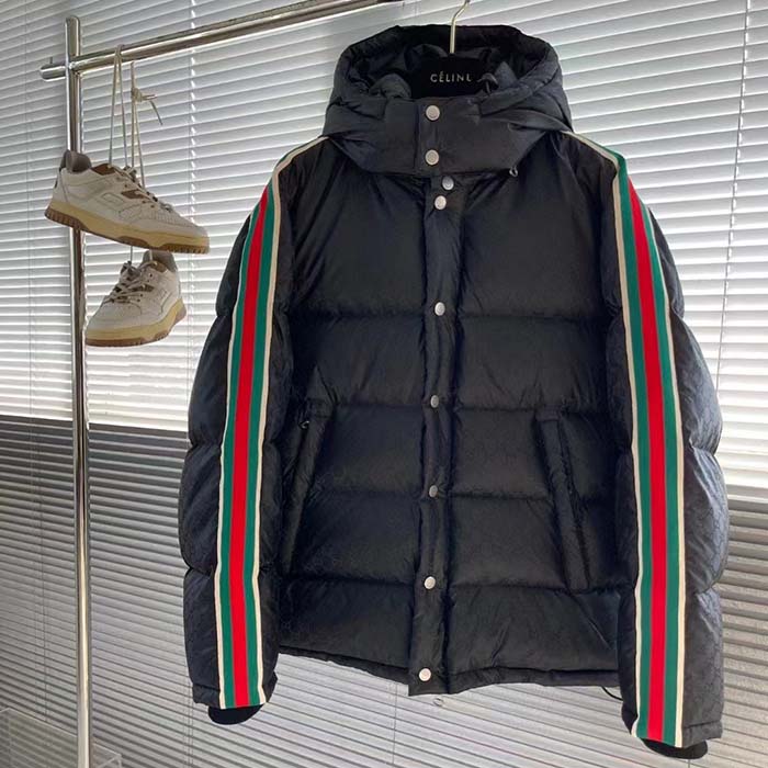 G*u*i women gg nylon jacquard jacket web black stripe lined fixed hood rib cuffs