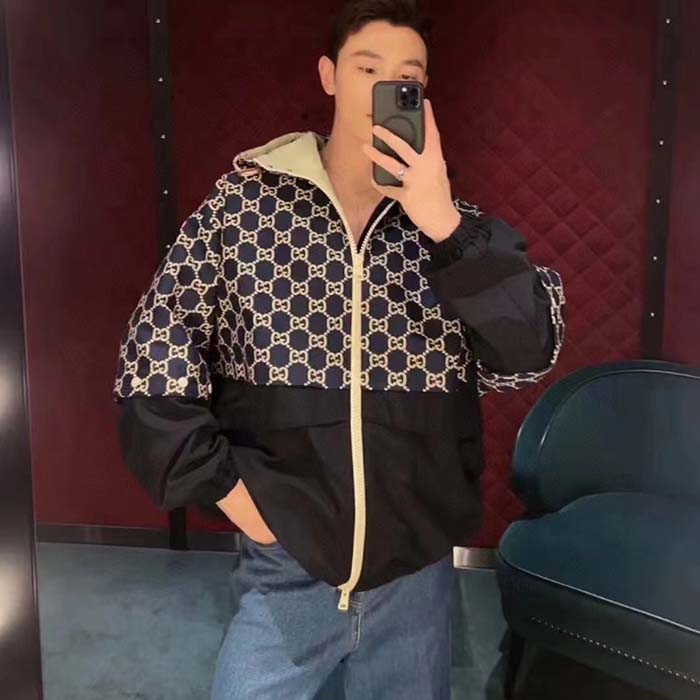 G*u*i men gg ripstop fabric zip jacket blue ivory gg padded detachable sleeves