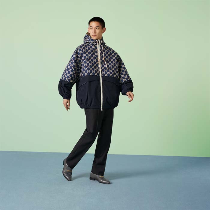G*u*i men gg ripstop fabric zip jacket blue ivory gg padded detachable sleeves
