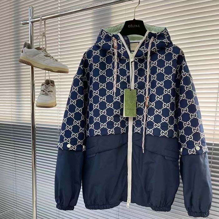 G*u*i women gg ripstop fabric zip jacket blue ivory gg padded detachable sleeves